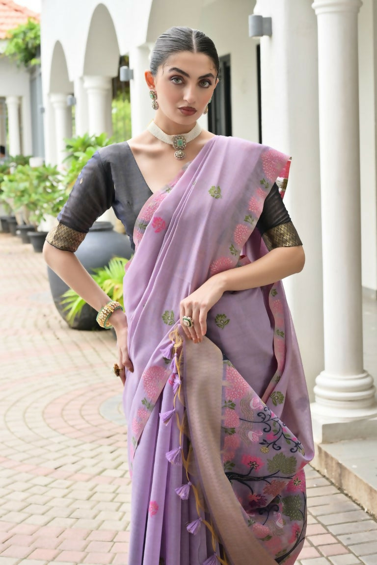 Vishnu Weaves Women's Lavender Muga Cotton Thread Weaving Saree with Blouse
