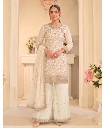 KC White Vichitra Silk Palazzo Suit For Women Festival Wear - Dista