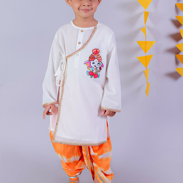 Lil Drama Janmashtami White Boys Cotton Kurta and Orange Dhoti Ethnic Set - Distacart