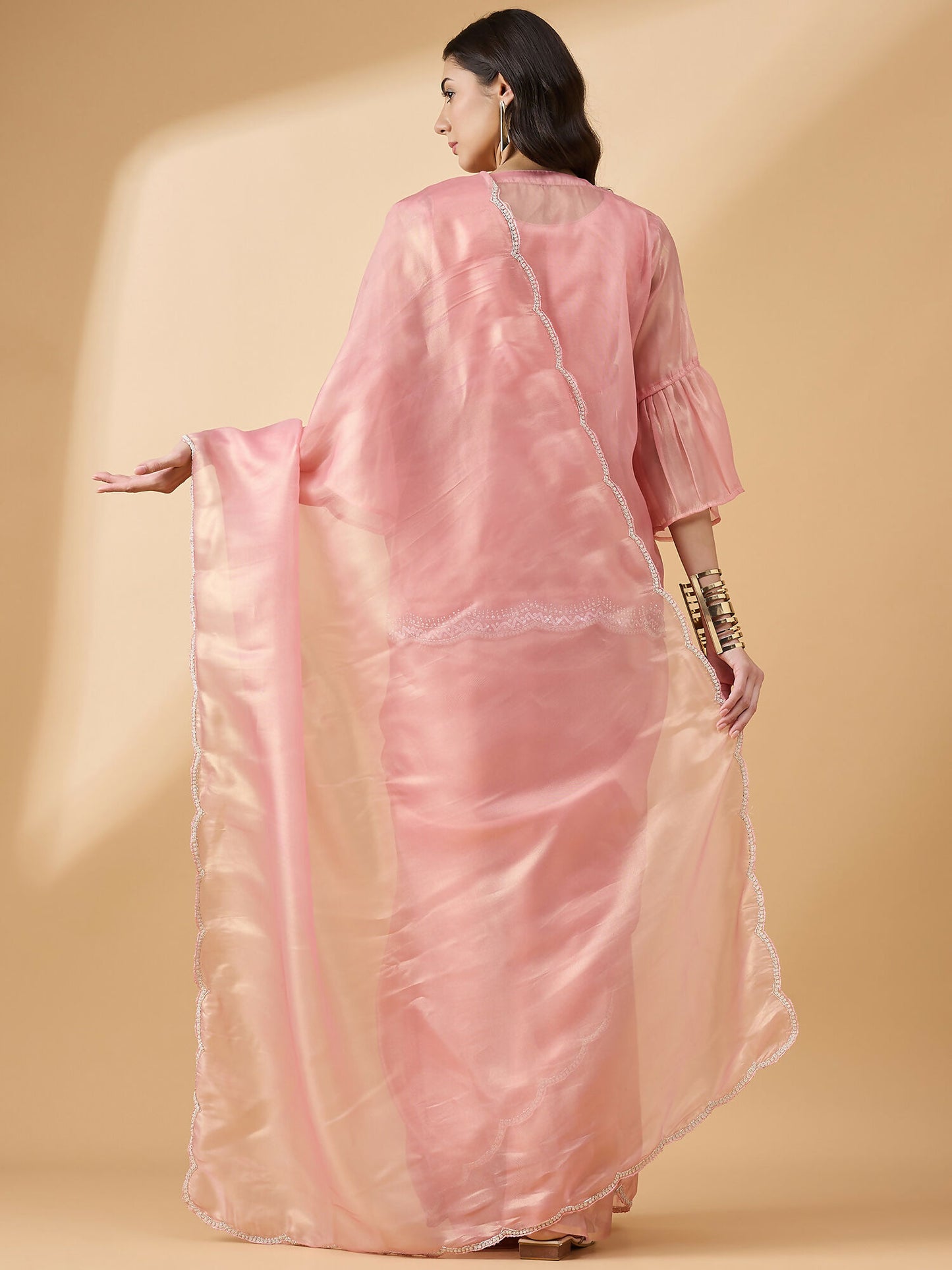 Peach Chiffon Solid Saree with Stitched Blouse & Stone Work Shrug - Dharavi - Distacart