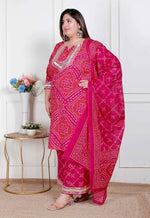 Thumbnail for Miravan Plus Size Women'S Pink Bandhani Printed Straight Kurta With Palazzo & Dupatta - Distacart