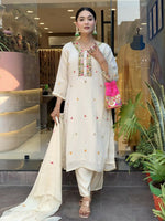 Thumbnail for The52 Off White Women's Gorgeous Chinon Fabric Embroidered Work Straight Kurta Pant and Dupatta Set - Distacart