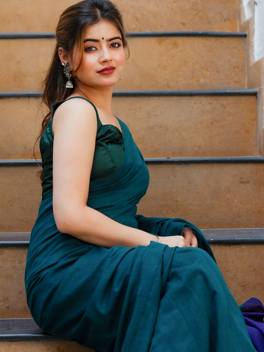 Zibaa Hand-Dyed Mul Cotton Peacock Green Saree with Tassels