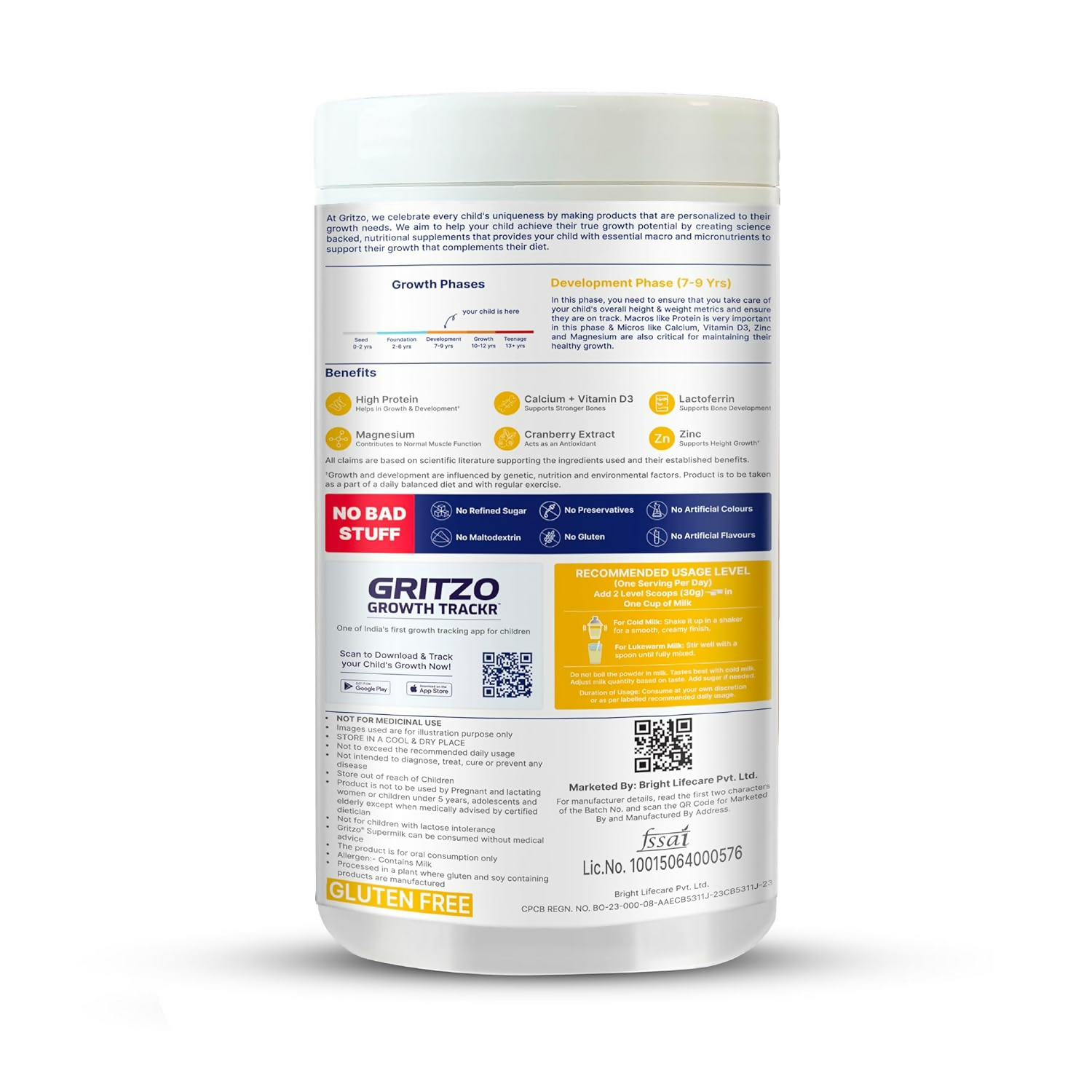 Gritzo SuperMilk Growth+ (Formerly Height+) Unsweetened Drink Mix (7-9y Girls), 10g Protein Powder- Creamy Vanilla - Distacart