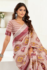 Thumbnail for Vastranavya White Maroon Digital Printed Linen Ready To Wear Designer Saree with Unstitched Blouse - Distacart