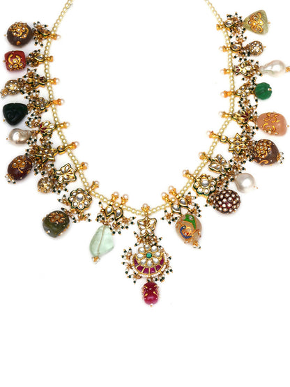 Long Kundan Neckpiece with Earrings with Multi Stones Jewellery Set (Gold) - Ruby Raang - Distacart