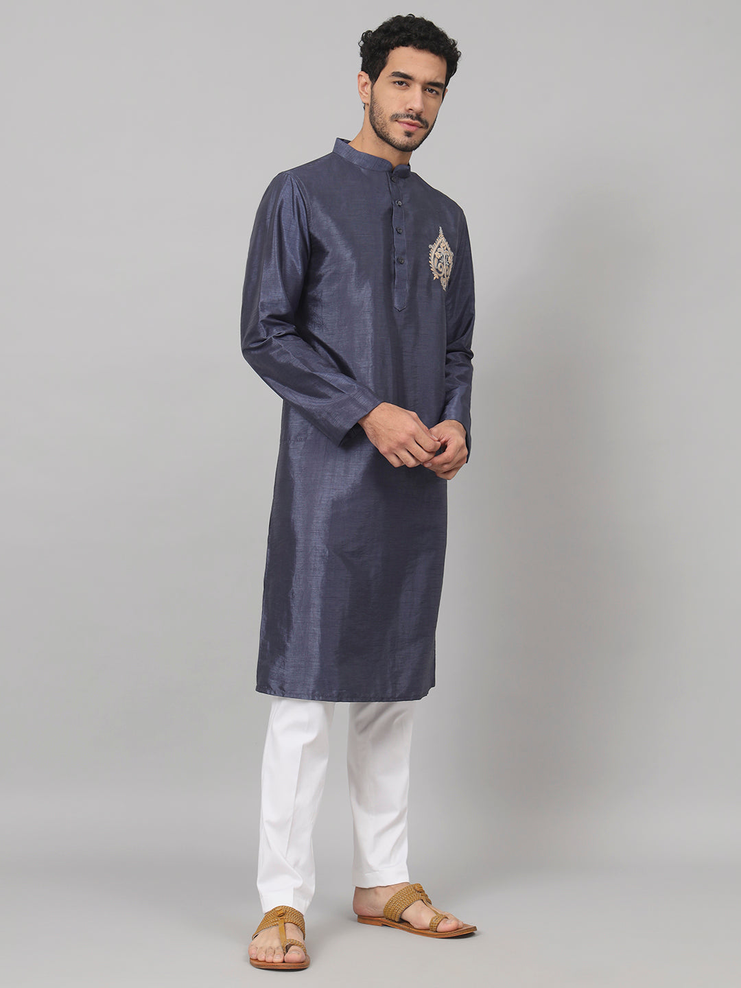 Classic Silk Kurta With Motif Embroidery by Hilo Design - Distacart