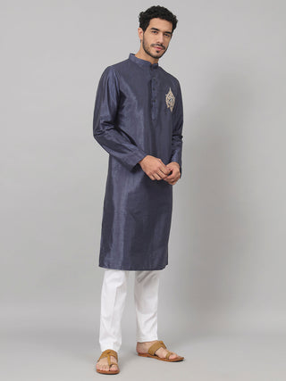 Classic Silk Kurta With Motif Embroidery by Hilo Design