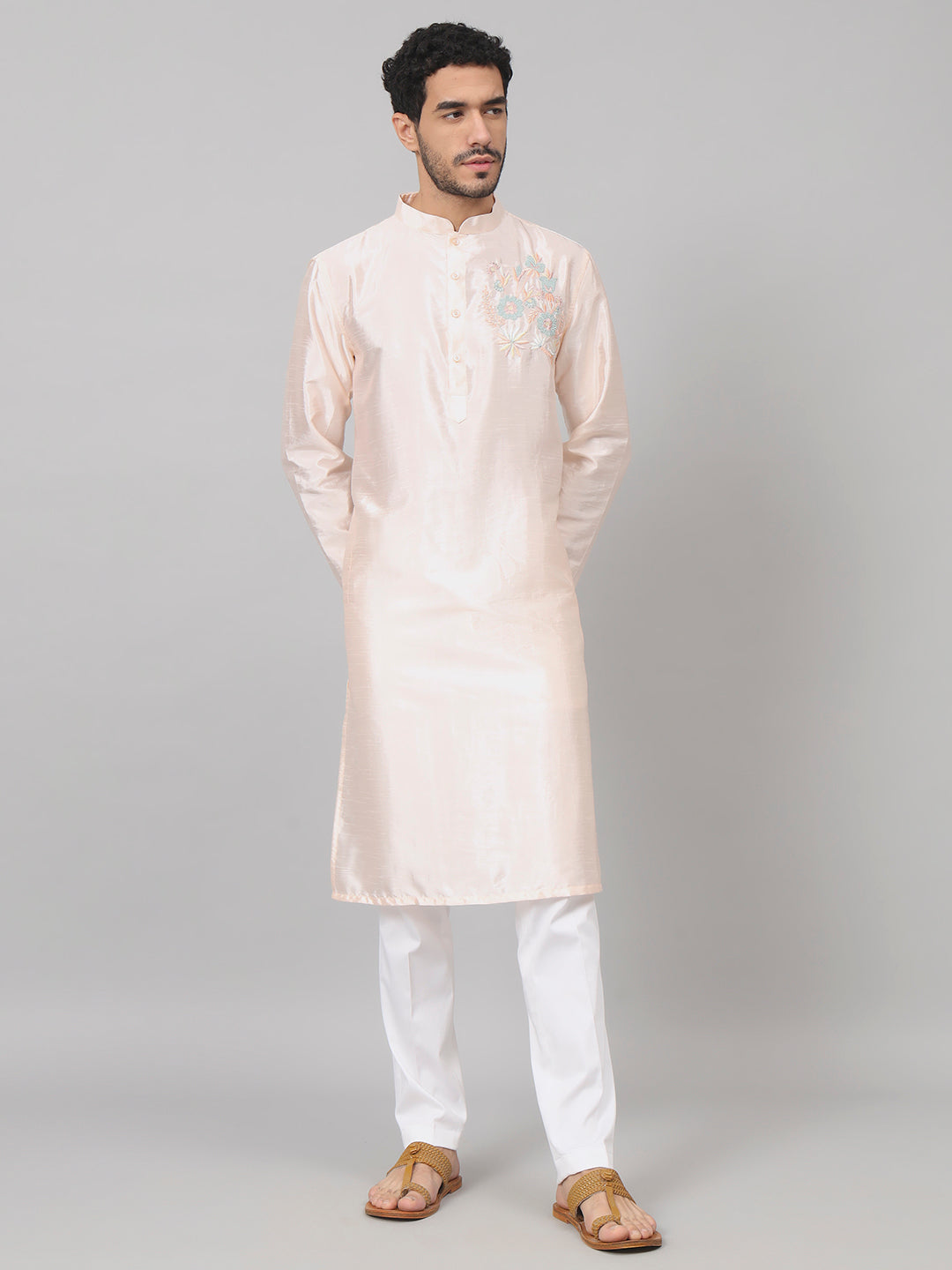 Coral Charm Traditional Embroidered Silk Kurta by Hilo Design - Distacart