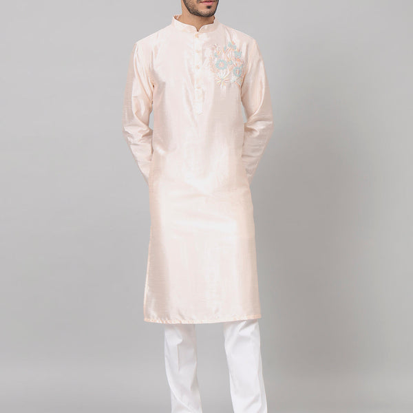 Coral Charm Traditional Embroidered Silk Kurta by Hilo Design - Distacart