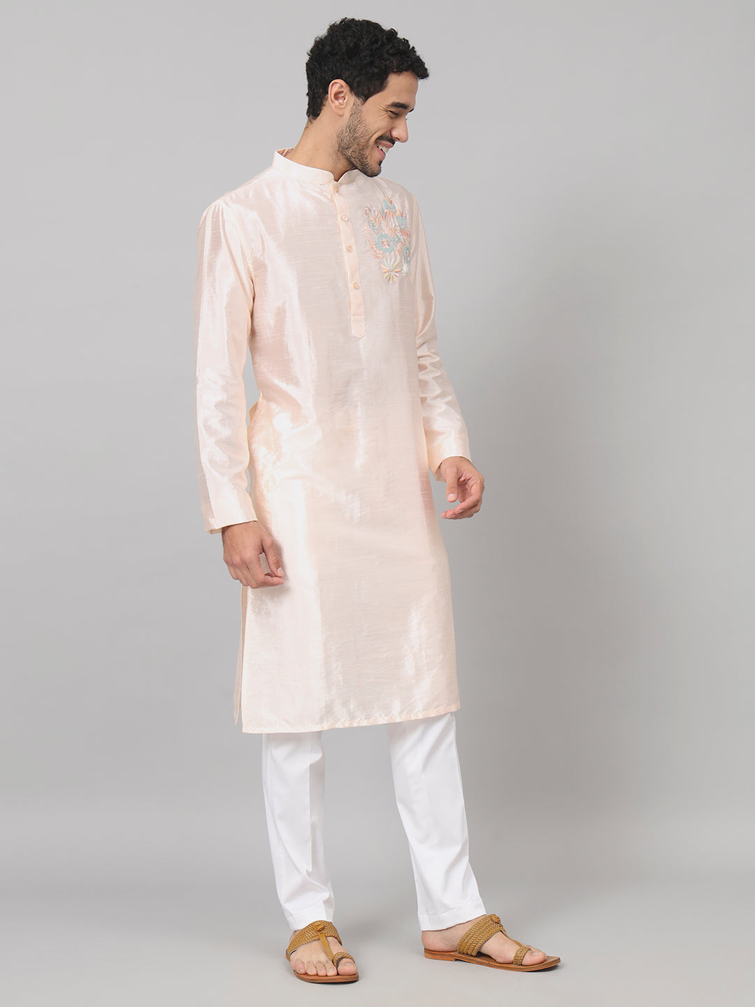 Coral Charm Traditional Embroidered Silk Kurta by Hilo Design - Distacart