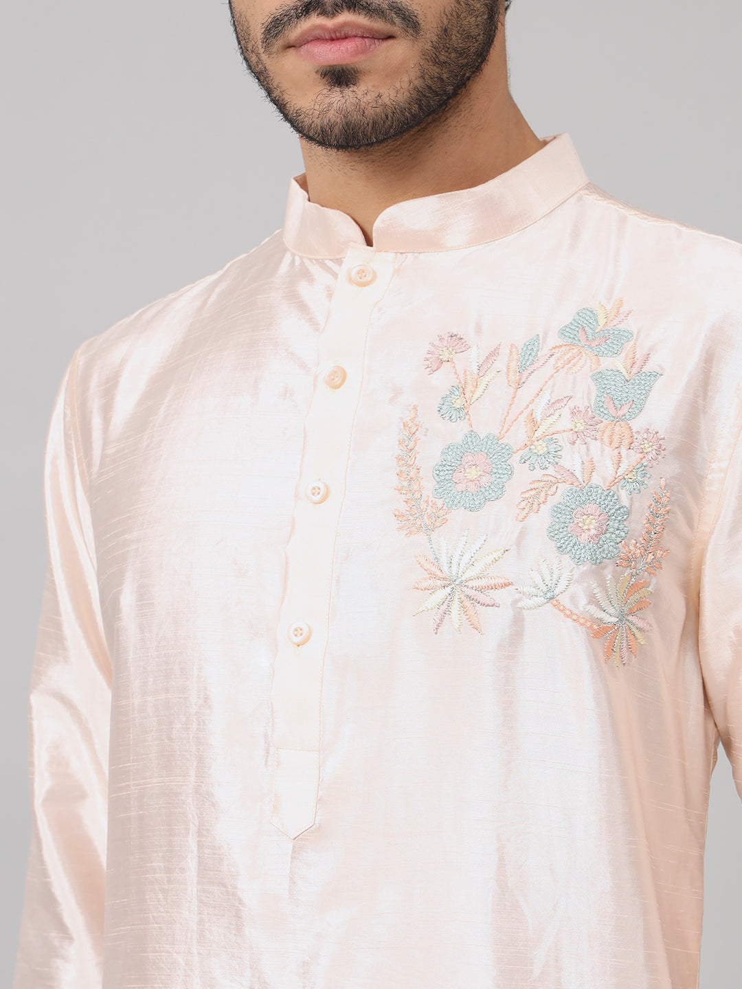 Coral Charm Traditional Embroidered Silk Kurta by Hilo Design - Distacart