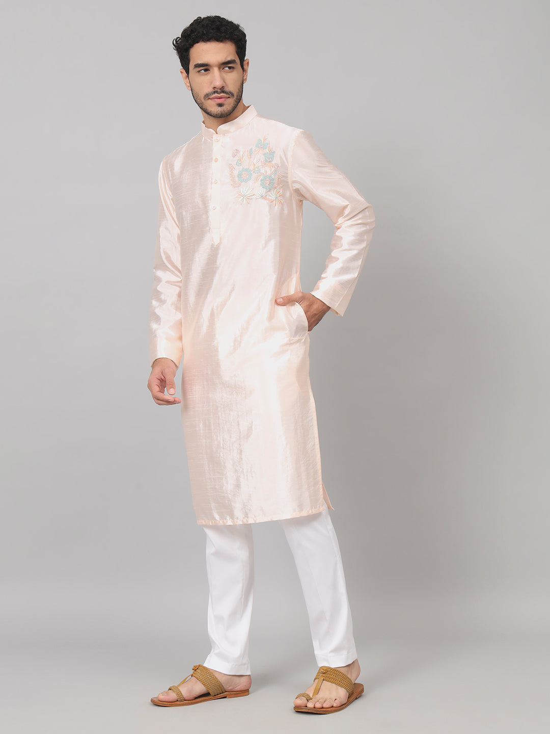 Coral Charm Traditional Embroidered Silk Kurta by Hilo Design - Distacart