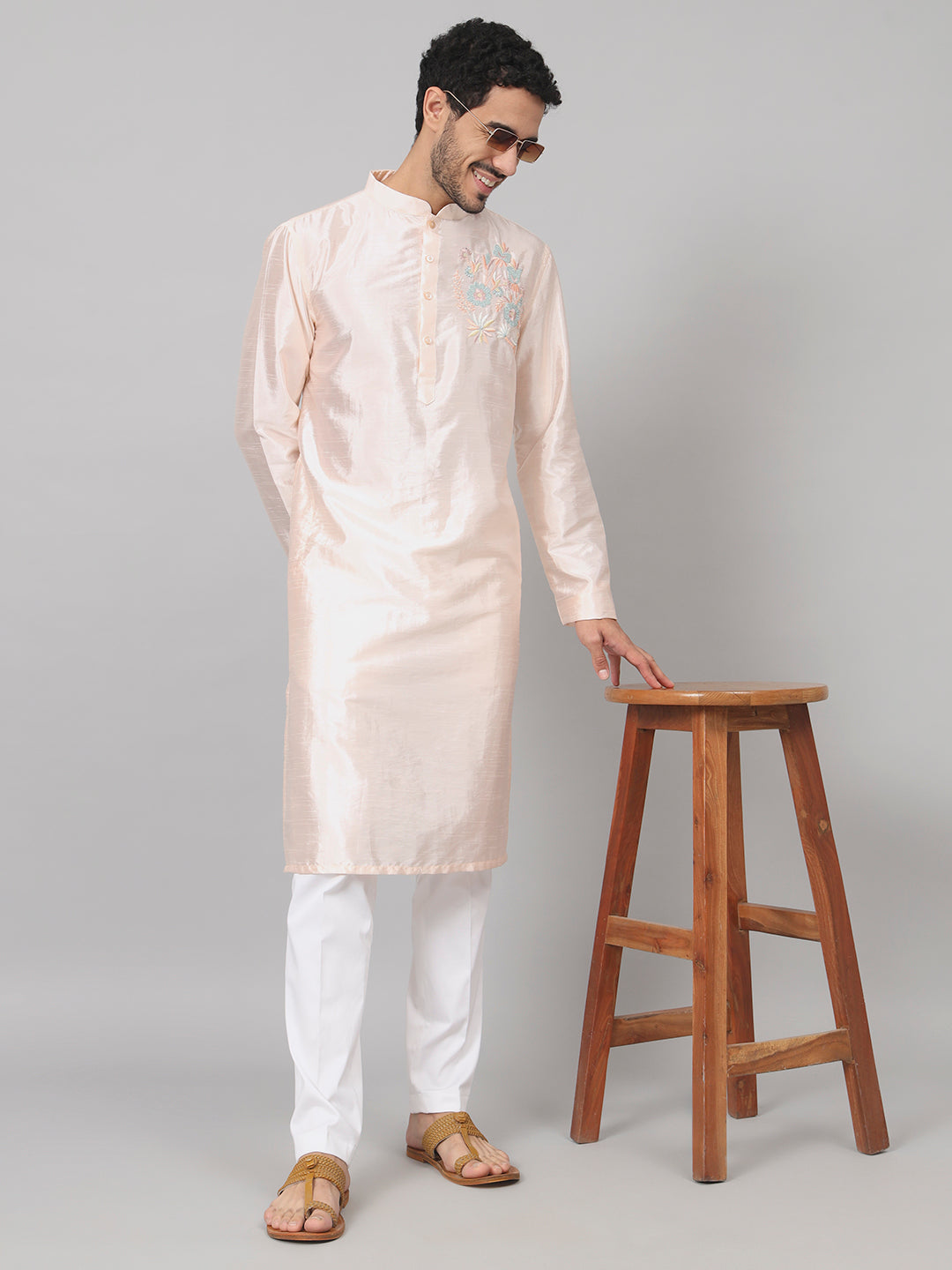 Coral Charm Traditional Embroidered Silk Kurta by Hilo Design - Distacart