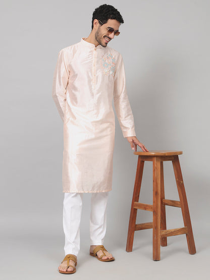 Coral Charm Traditional Embroidered Silk Kurta by Hilo Design - Distacart