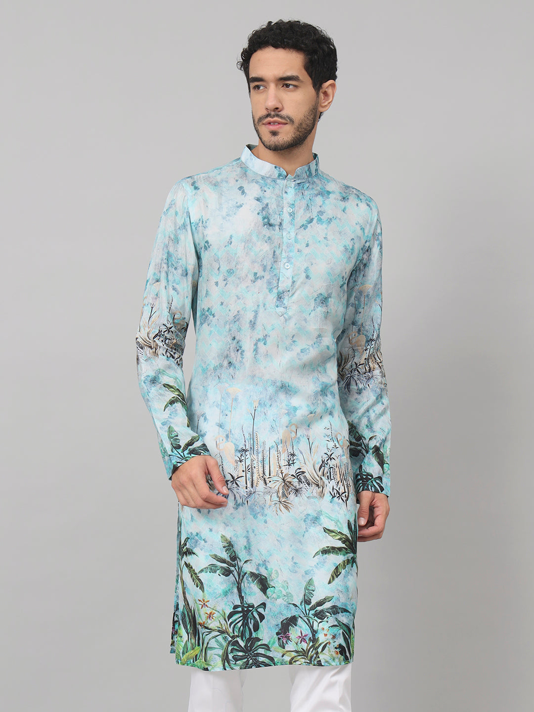 Palm Trees Print Silk Kurta by Hilo Design - Distacart