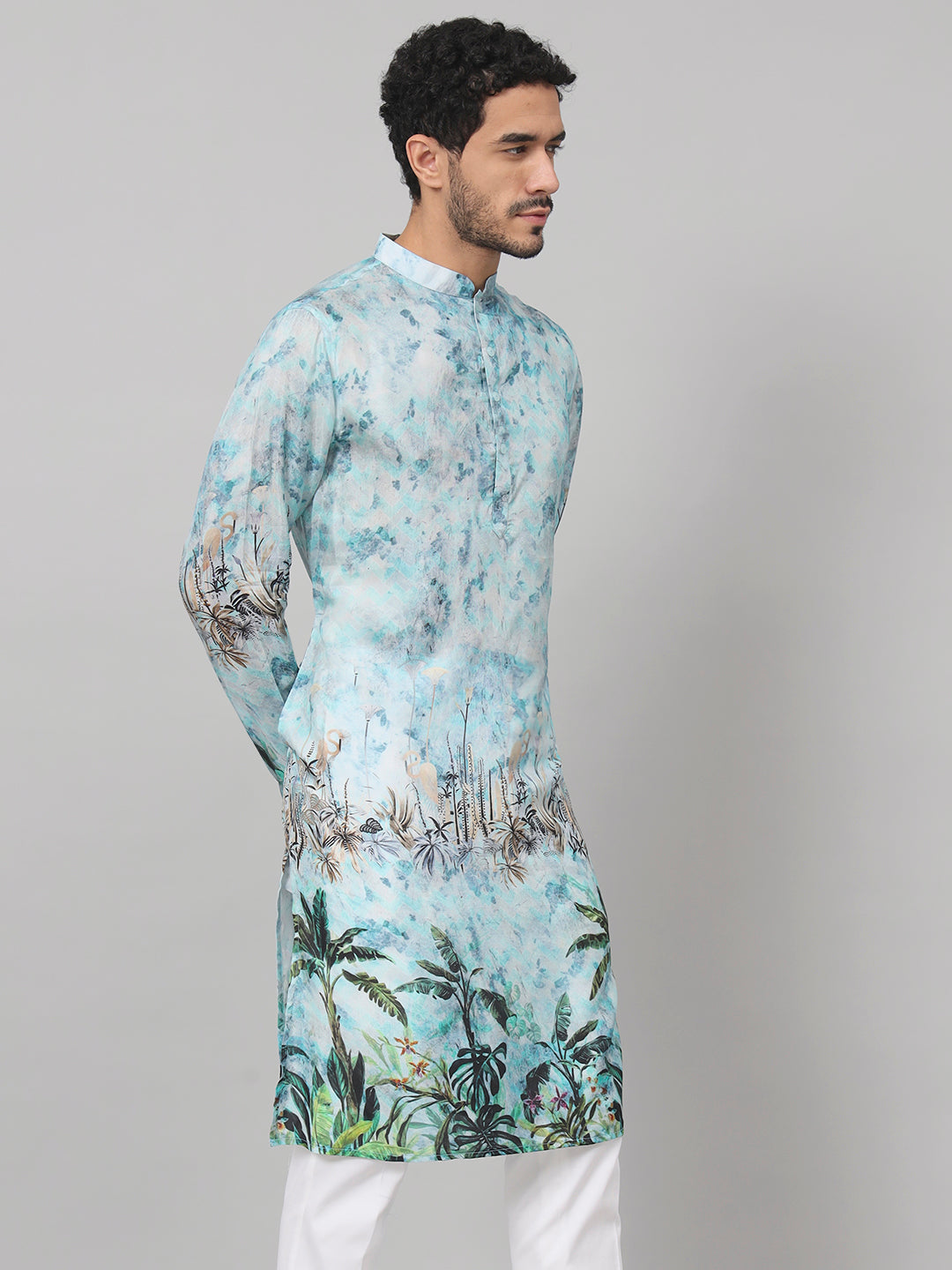 Palm Trees Print Silk Kurta by Hilo Design - Distacart