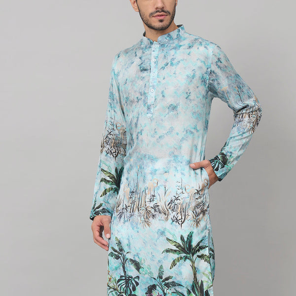 Palm Trees Print Silk Kurta by Hilo Design - Distacart