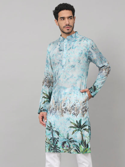Palm Trees Print Silk Kurta by Hilo Design - Distacart