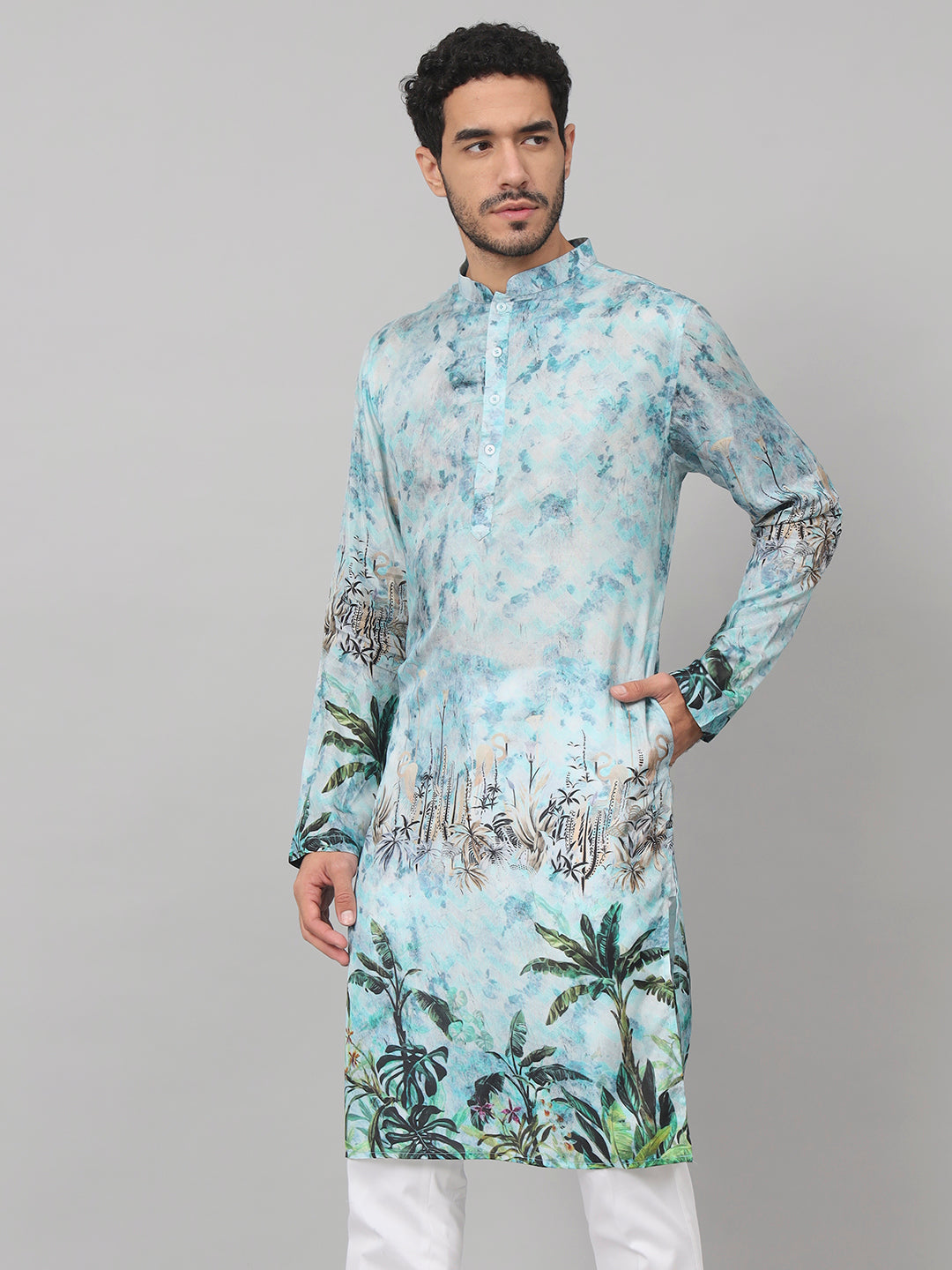 Palm Trees Print Silk Kurta by Hilo Design - Distacart