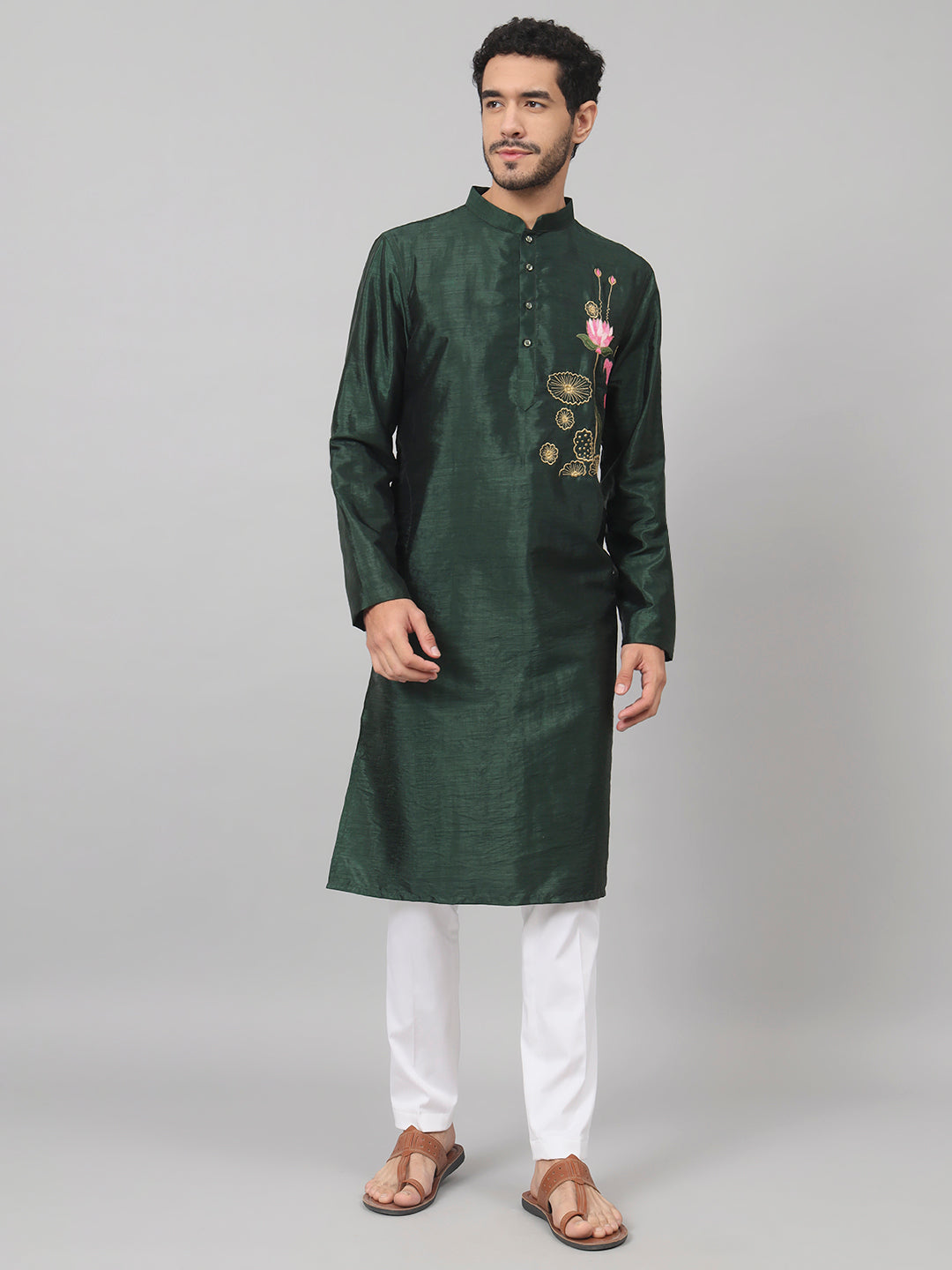 Dark Fern Embroidered Silk Kurta by Hilo Design - Distacart