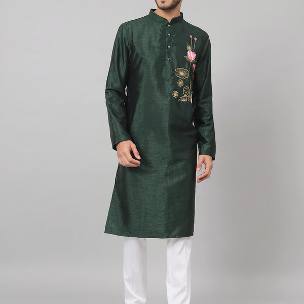 Dark Fern Embroidered Silk Kurta by Hilo Design - Distacart