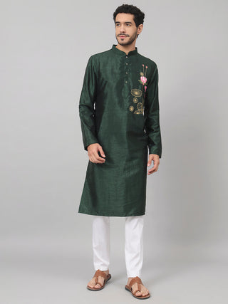 Dark Fern Embroidered Silk Kurta by Hilo Design