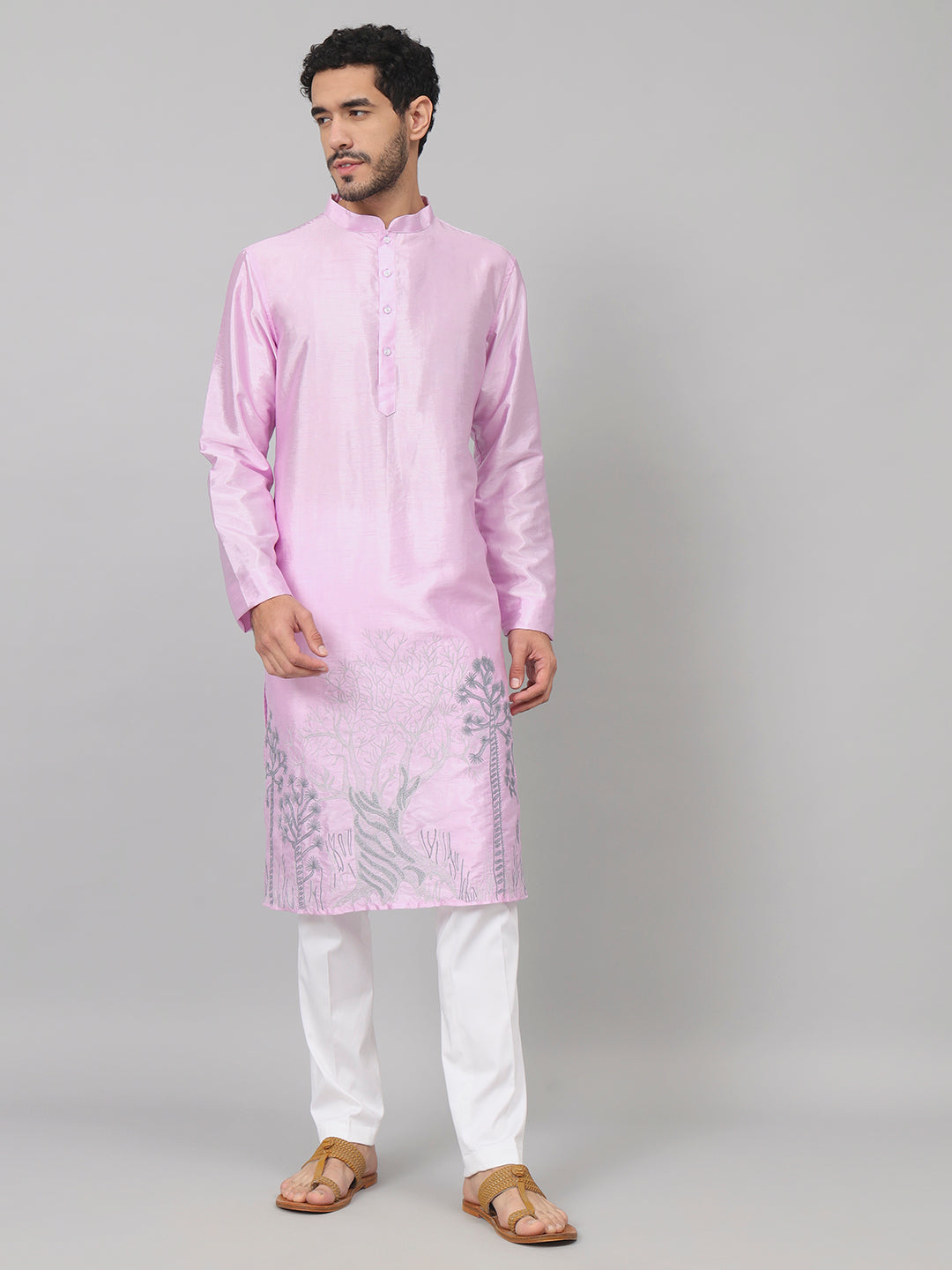 Orchid Embroidered Silk Kurta by Hilo Design - Distacart