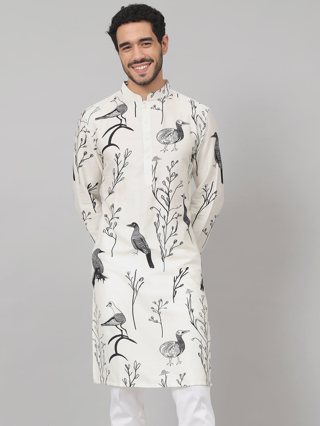 Feathered Birds Print Cotton Kurta by Hilo Design - Distacart