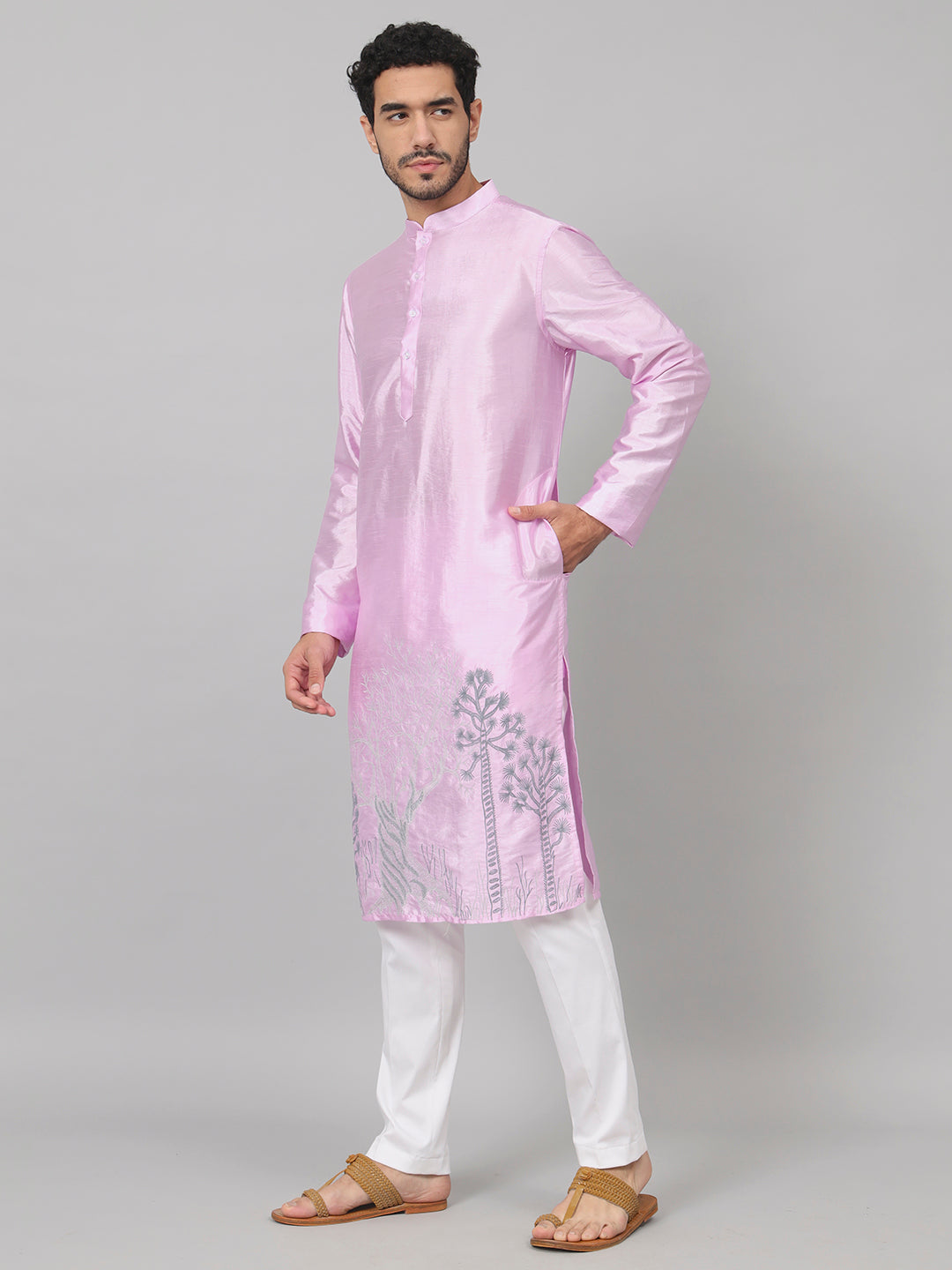 Orchid Embroidered Silk Kurta by Hilo Design - Distacart