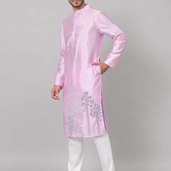 Orchid Embroidered Silk Kurta by Hilo Design - Distacart