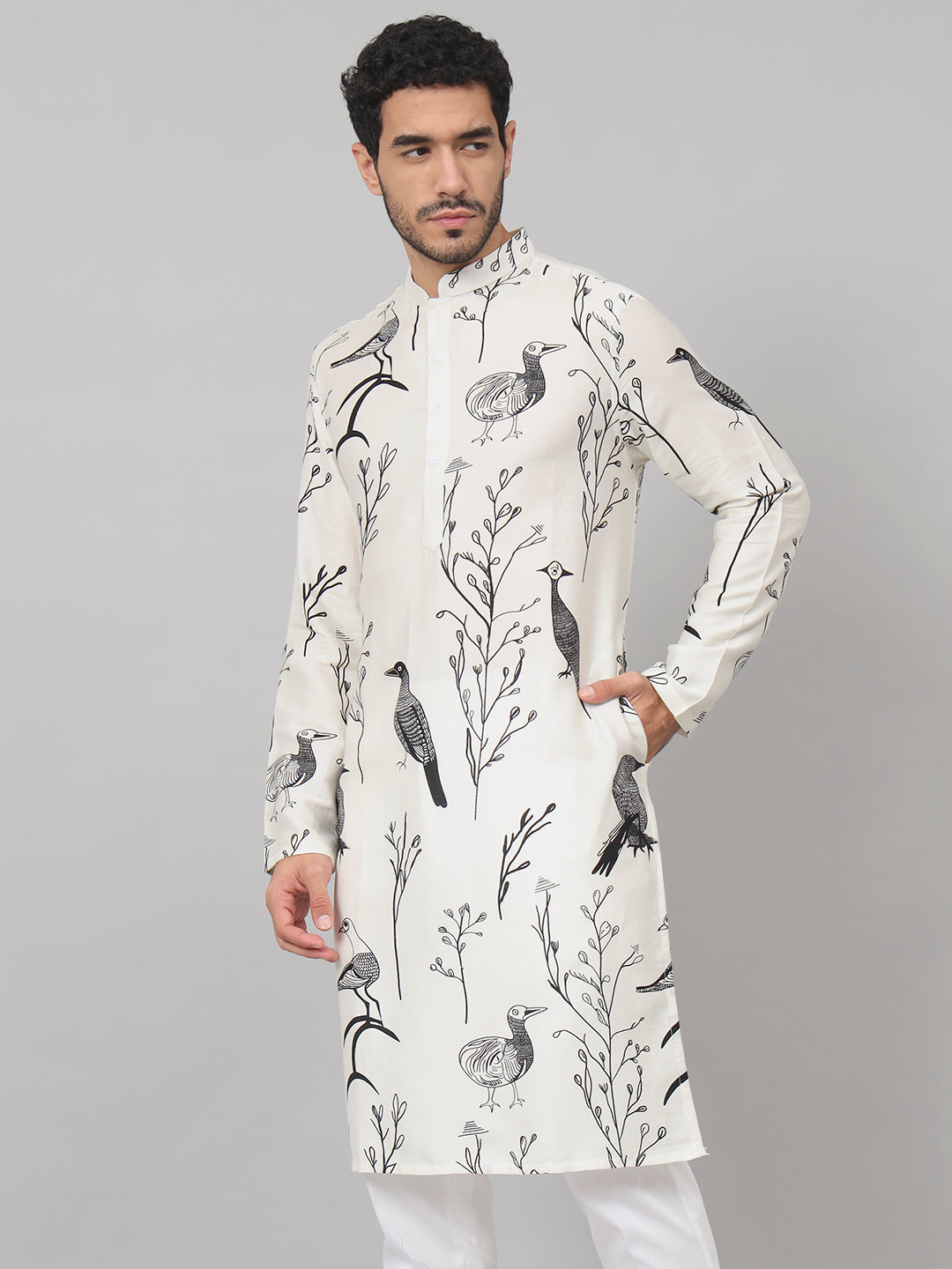 Feathered Birds Print Cotton Kurta by Hilo Design - Distacart