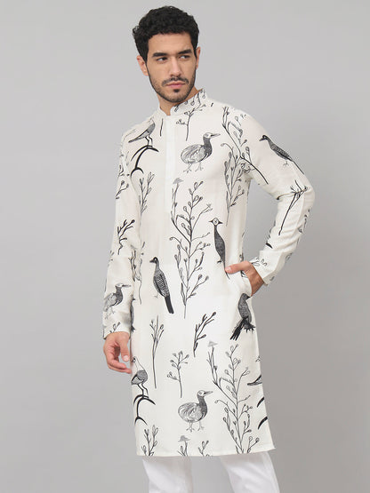 Feathered Birds Print Cotton Kurta by Hilo Design - Distacart