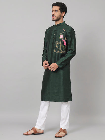 Dark Fern Embroidered Silk Kurta by Hilo Design - Distacart