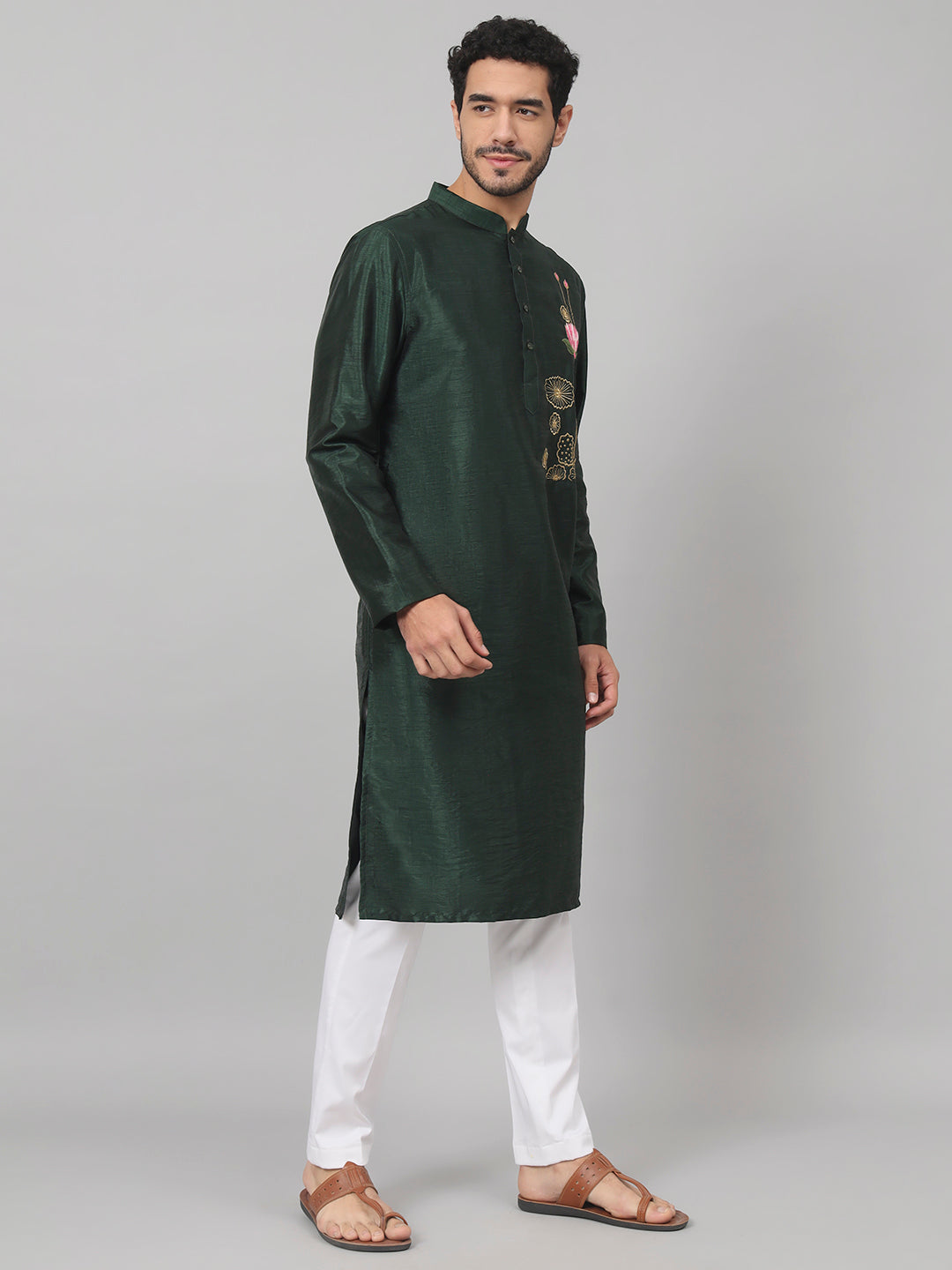 Dark Fern Embroidered Silk Kurta by Hilo Design - Distacart