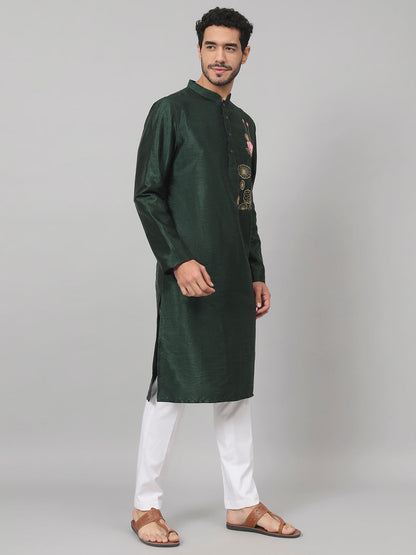 Dark Fern Embroidered Silk Kurta by Hilo Design - Distacart