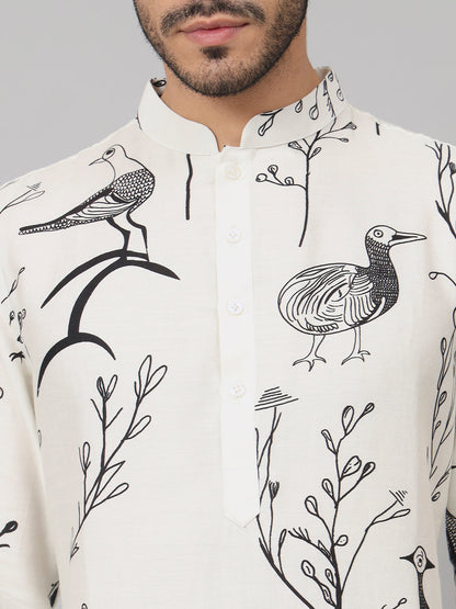 Feathered Birds Print Cotton Kurta by Hilo Design - Distacart