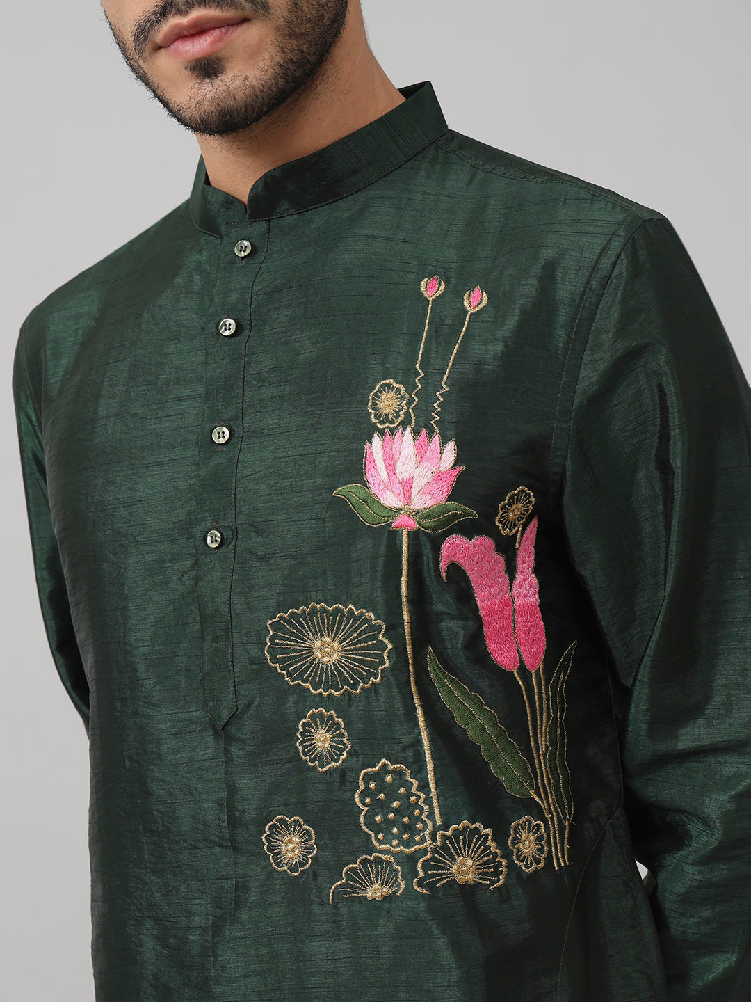 Dark Fern Embroidered Silk Kurta by Hilo Design - Distacart