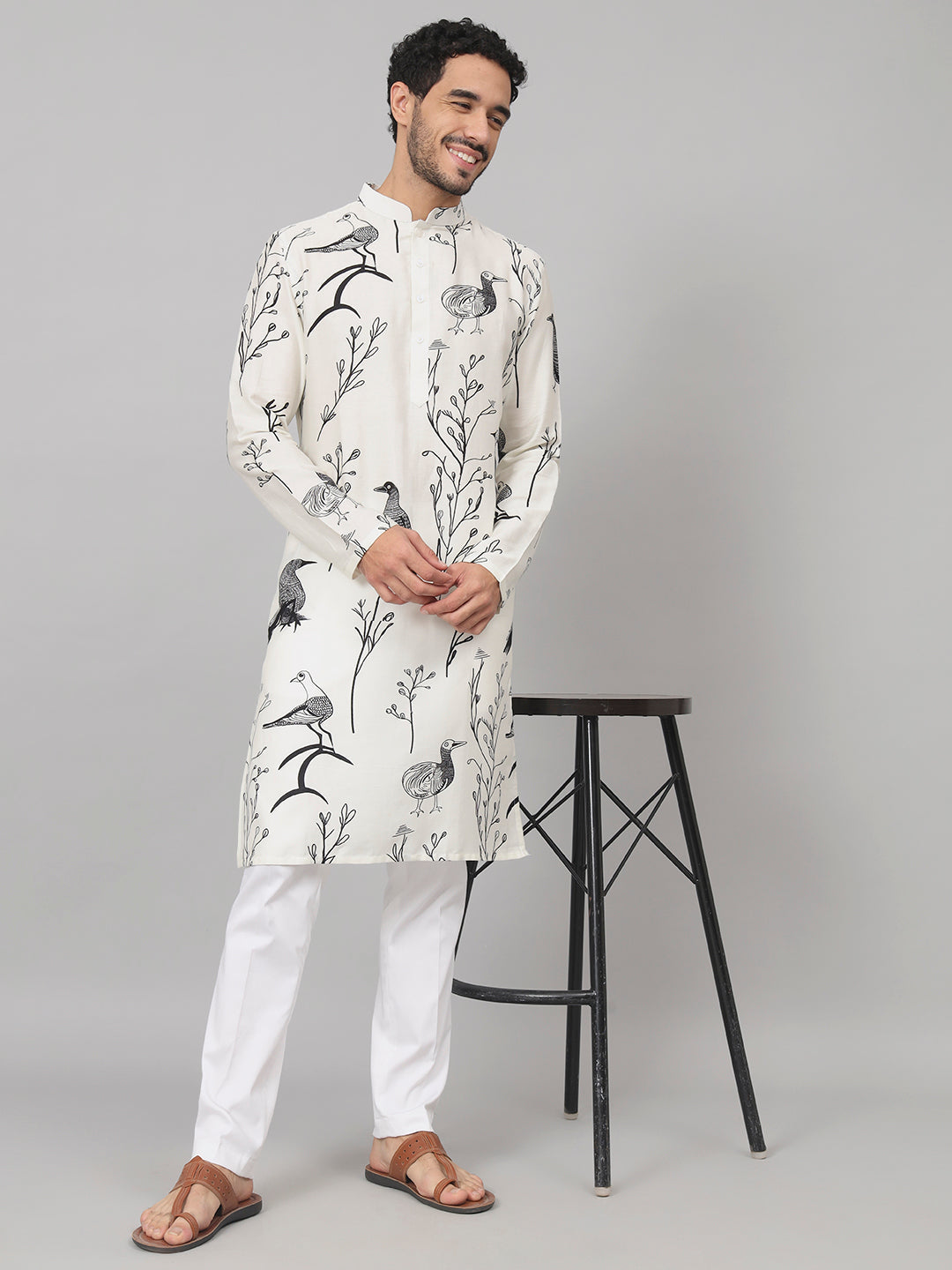 Feathered Birds Print Cotton Kurta by Hilo Design - Distacart
