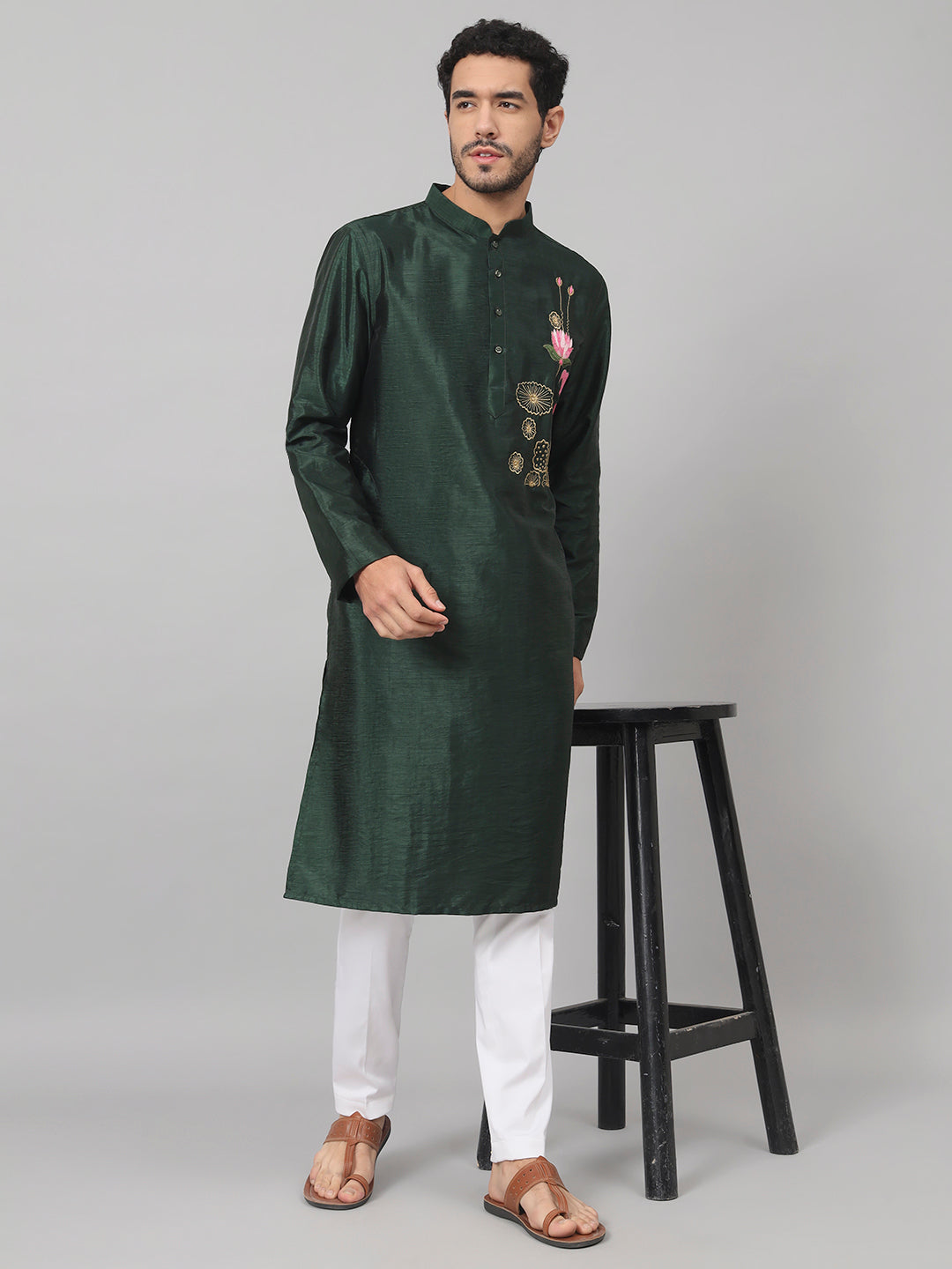 Dark Fern Embroidered Silk Kurta by Hilo Design - Distacart
