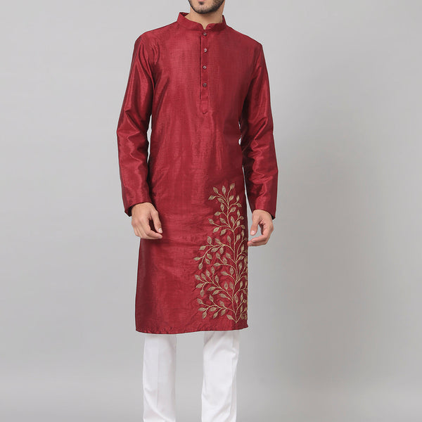 Classic Silk Kurta With Leaves Embroidery by Hilo Design - Distacart