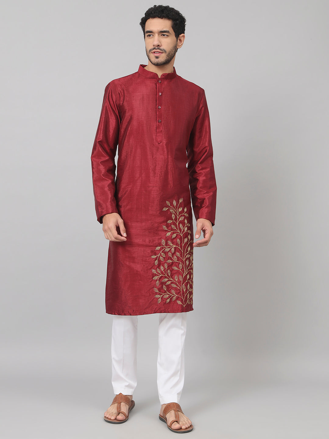 Classic Silk Kurta With Leaves Embroidery by Hilo Design - Distacart