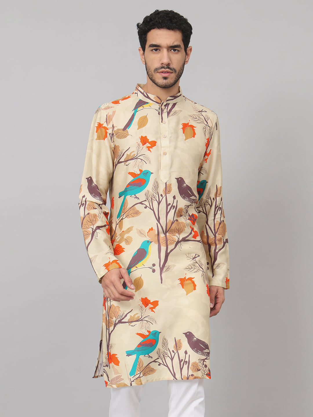 Serenity Bird Themed Print Cotton Kurta by Hilo Design - Distacart