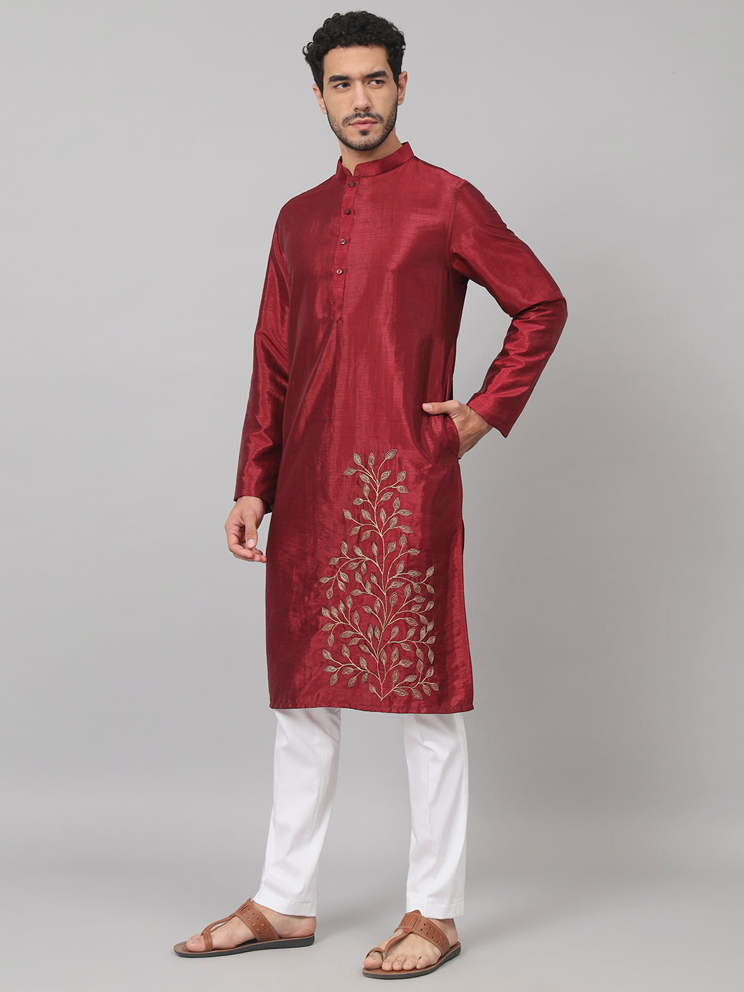 Classic Silk Kurta With Leaves Embroidery by Hilo Design - Distacart