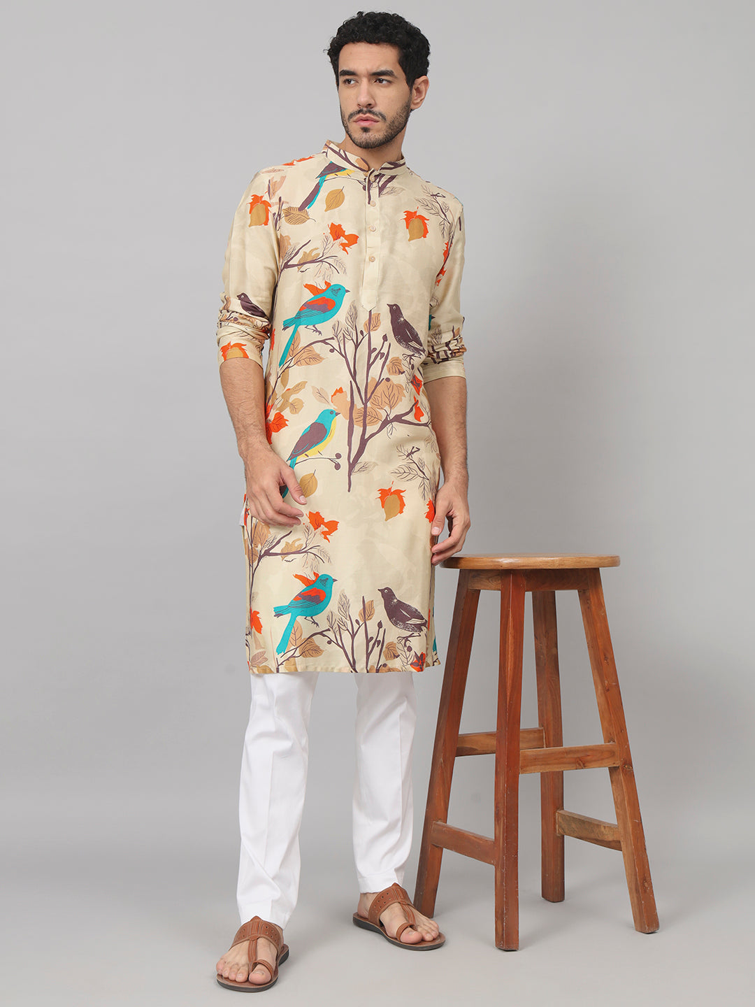 Serenity Bird Themed Print Cotton Kurta by Hilo Design - Distacart