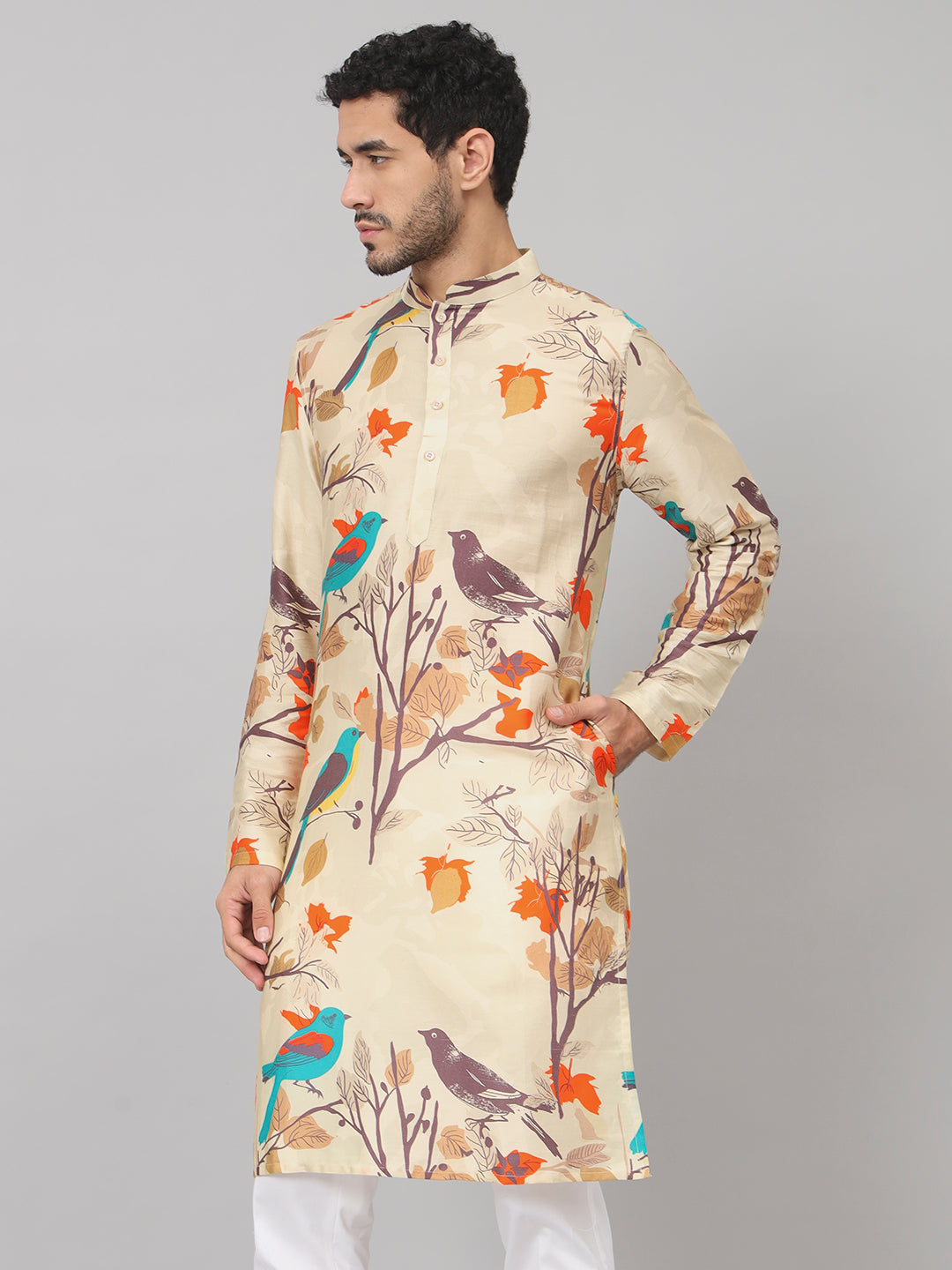 Serenity Bird Themed Print Cotton Kurta by Hilo Design - Distacart