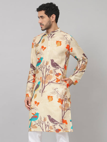 Serenity Bird Themed Print Cotton Kurta by Hilo Design - Distacart