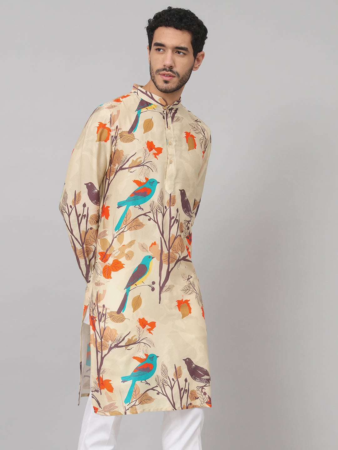 Serenity Bird Themed Print Cotton Kurta by Hilo Design - Distacart