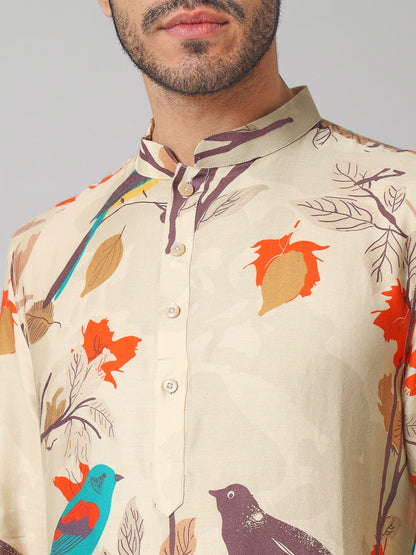 Serenity Bird Themed Print Cotton Kurta by Hilo Design - Distacart
