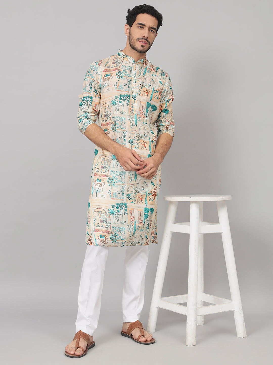 Classic Forest Print Silk Kurta by Hilo Design - Distacart